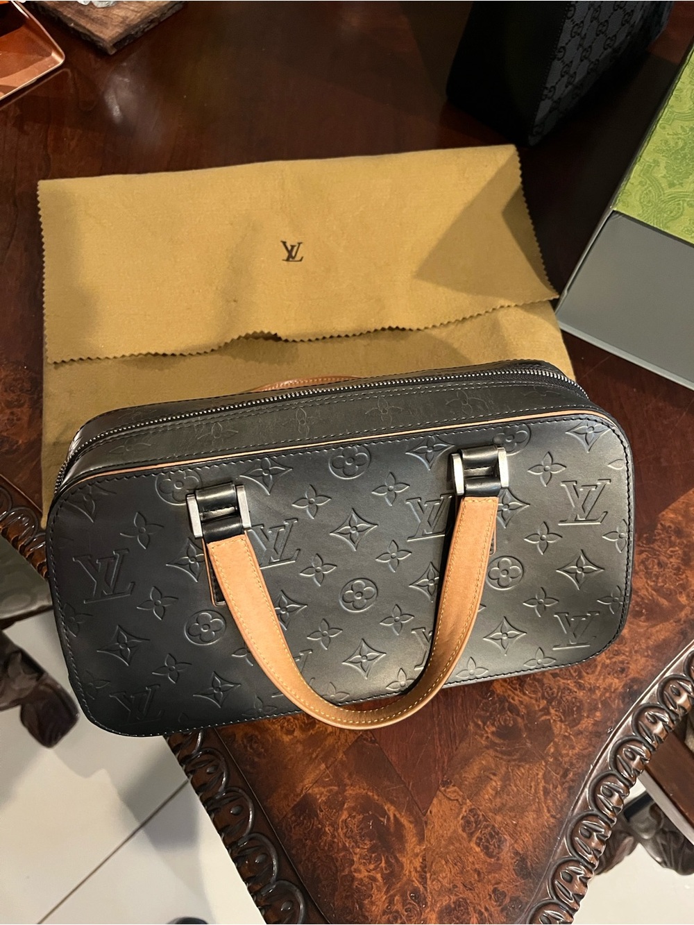 Louis Vuitton Leather Shelton Black Gray Embossed Monogram handbag dustbag inclu